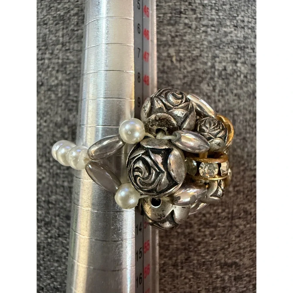 Boho Floral‎ Cluster Ring size 6 Rose Beads Rhinestone Statement Cottagecore